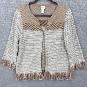 Chico's Open Front Fringe Cardigan Sweater Womens M‎ 1 Beige Gold Metallic Boho